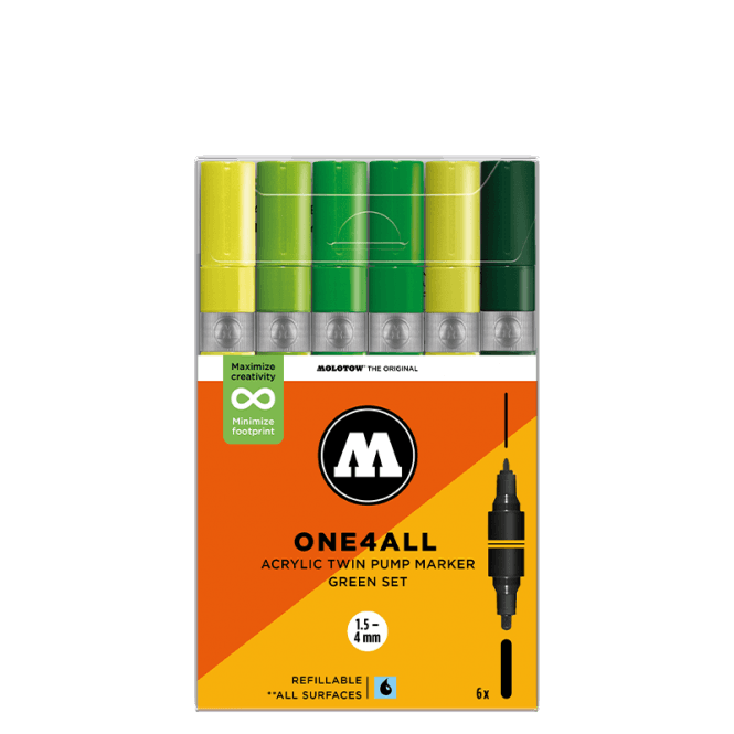 Molotow One4All Acrylic Twin Pump Marker - Green Set (6)